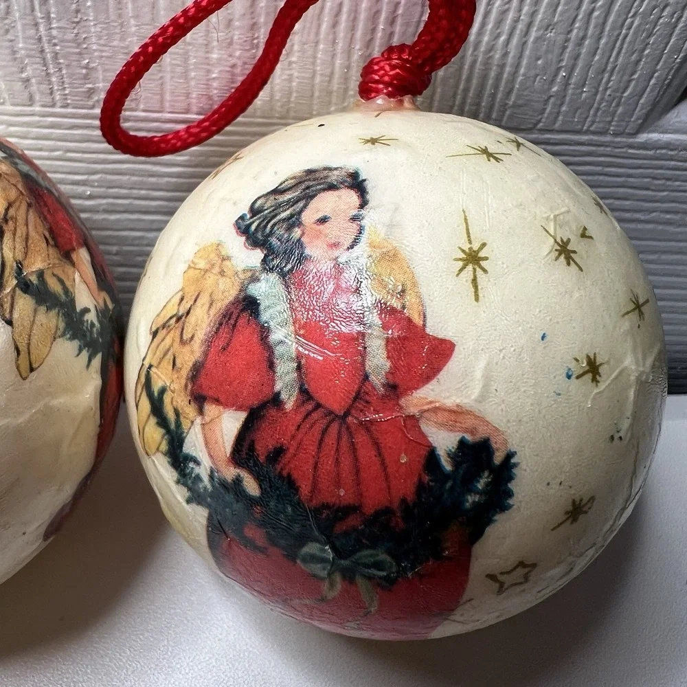Set Of 2-Vintage Decoupage Angel‎ Christmas Ornaments
